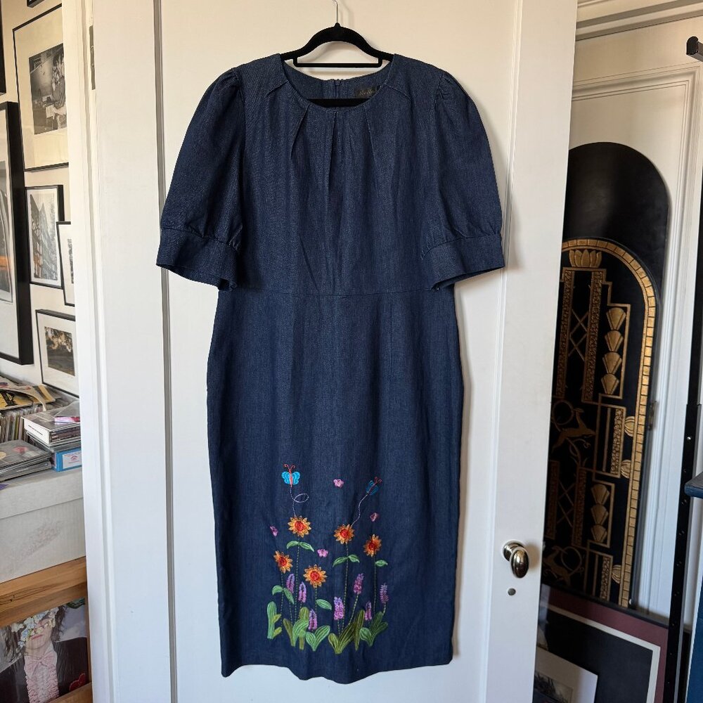 Vintage NaNa lightweight denim cottagecore Dress with Vibrant Floral Design